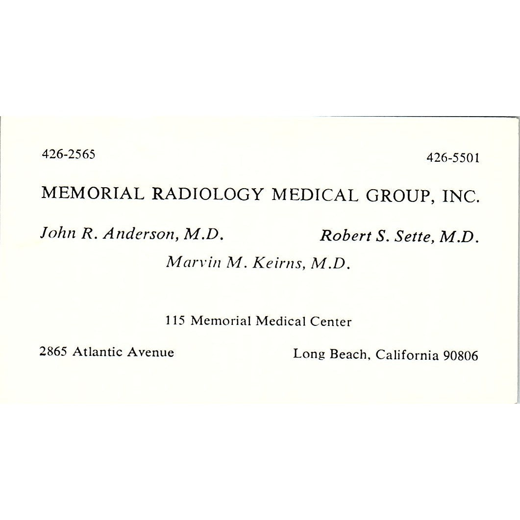 Memorial Radiology Medical Group John Long Beach CA Vintage Business Card SF3-B9