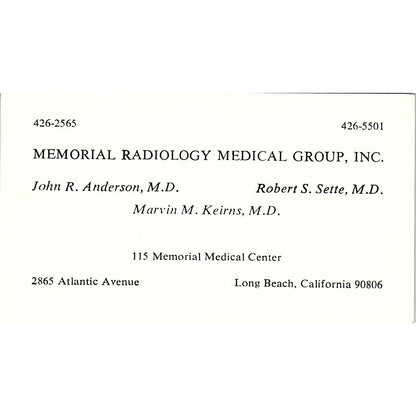 Memorial Radiology Medical Group John Long Beach CA Vintage Business Card SF3-B9