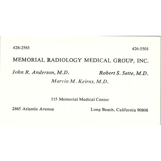 Memorial Radiology Medical Group John Long Beach CA Vintage Business Card SF3-B9
