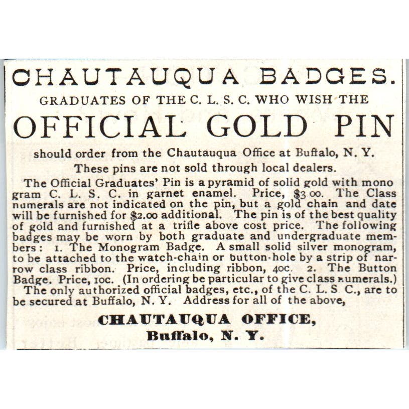 Chautauqua Badges Official C.L.S.C. Gold Pin c1890 Victorian Ad AE8-CH9