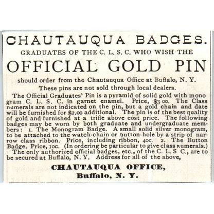 Chautauqua Badges Official C.L.S.C. Gold Pin c1890 Victorian Ad AE8-CH9