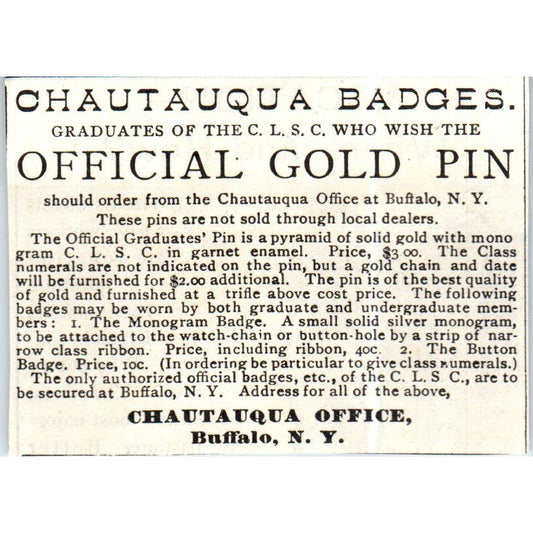 Chautauqua Badges Official C.L.S.C. Gold Pin c1890 Victorian Ad AE8-CH9