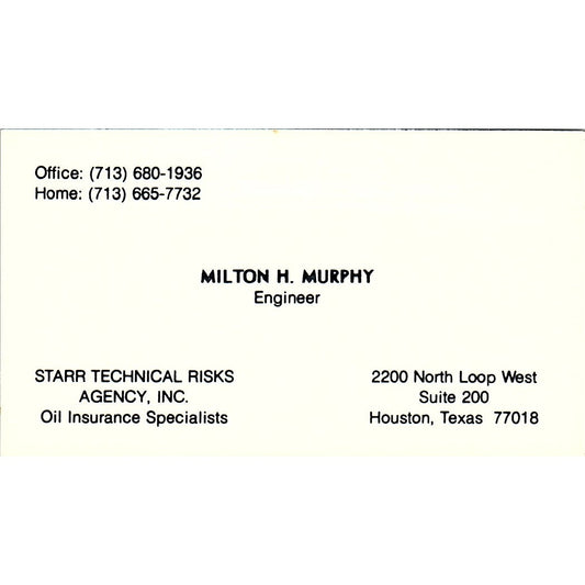 Starr Technical Risks Agency Milton H. Murphy Houston Texas Business Card SF3-B5