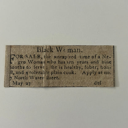 Time of a Black Woman 7 North Water Street Slavery 1802 Philadelphia Ad AJ2-S10