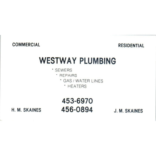 Westway Plumbing H.M. Skaines J.M. Skaines Vintage Business Card SD4-B1
