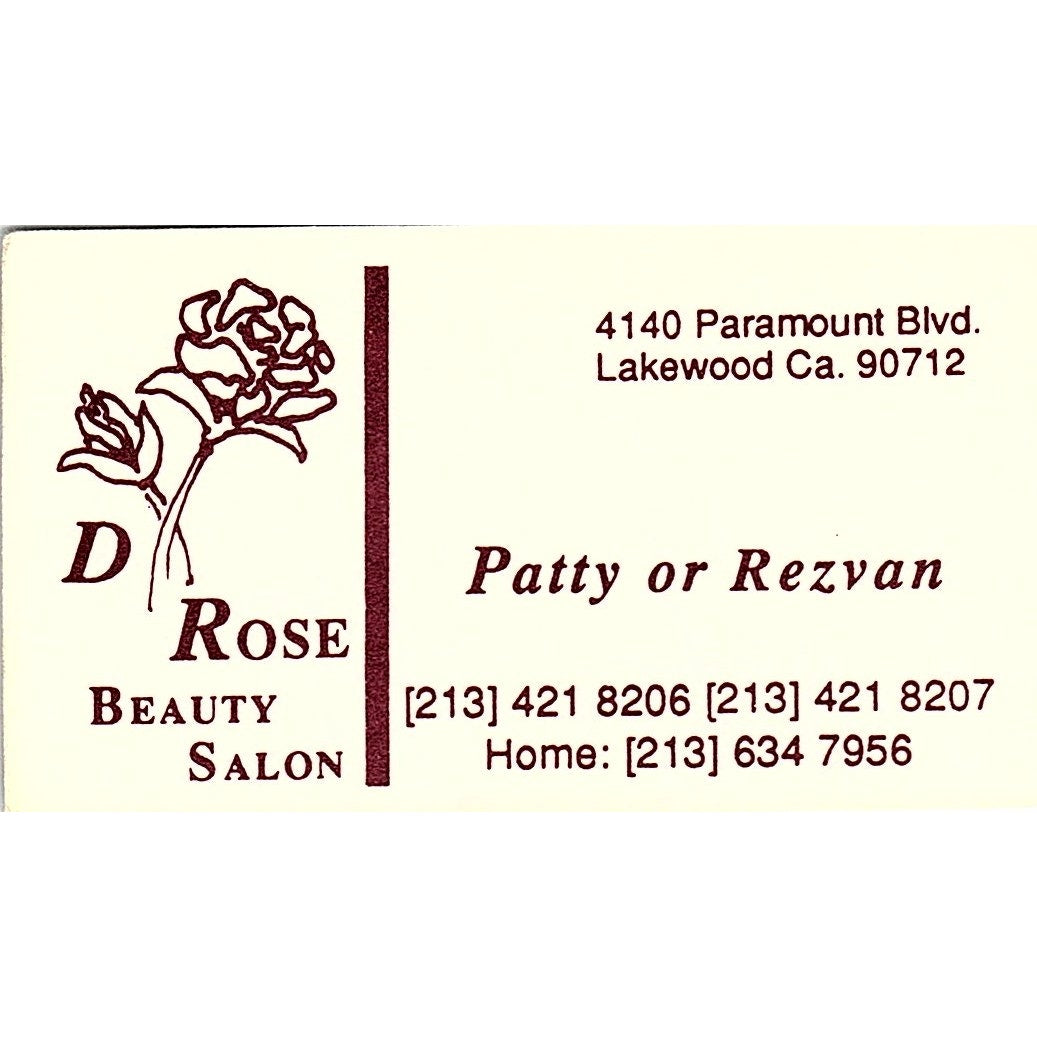 D Rose Beauty Salon Patty Rezvan Lakewood CA Vintage Business Card SC9-B5