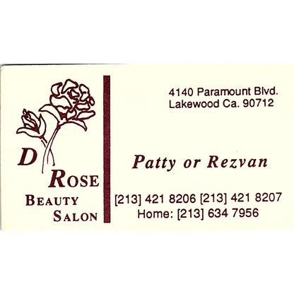 D Rose Beauty Salon Patty Rezvan Lakewood CA Vintage Business Card SC9-B5