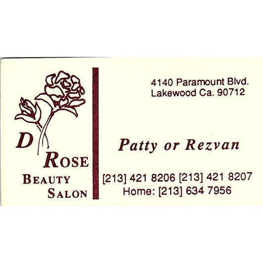 D Rose Beauty Salon Patty Rezvan Lakewood CA Vintage Business Card SC9-B5