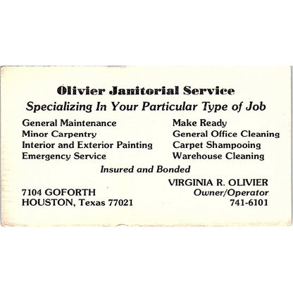 Olivier Janitorial Service ,Virginia R. Olivier,Houston TX, Business Card SF3-B9