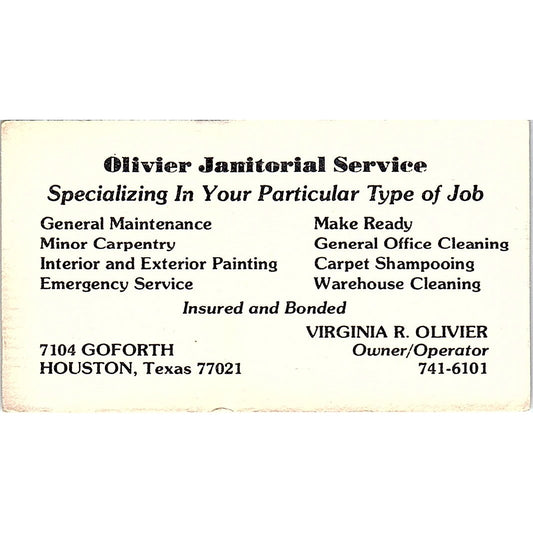 Olivier Janitorial Service ,Virginia R. Olivier,Houston TX, Business Card SF3-B9