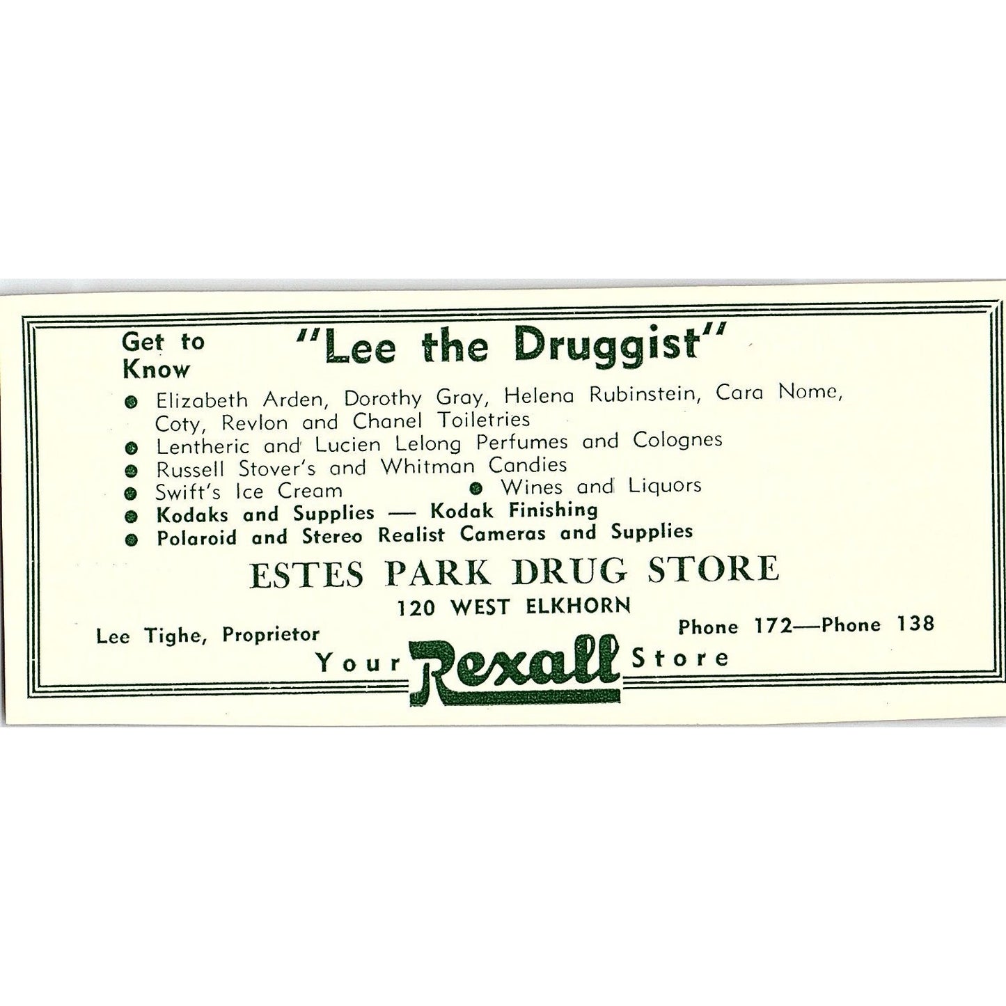 Lee Tighe Drug Store, Laundry Delmar & Jo Schroeder 1957 Estes Park CO Ad AG4-M1