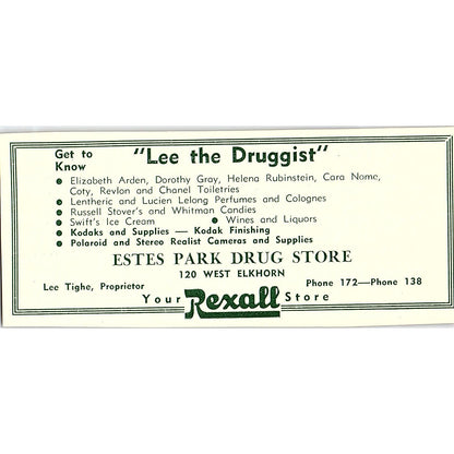 Lee Tighe Drug Store, Laundry Delmar & Jo Schroeder 1957 Estes Park CO Ad AG4-M1