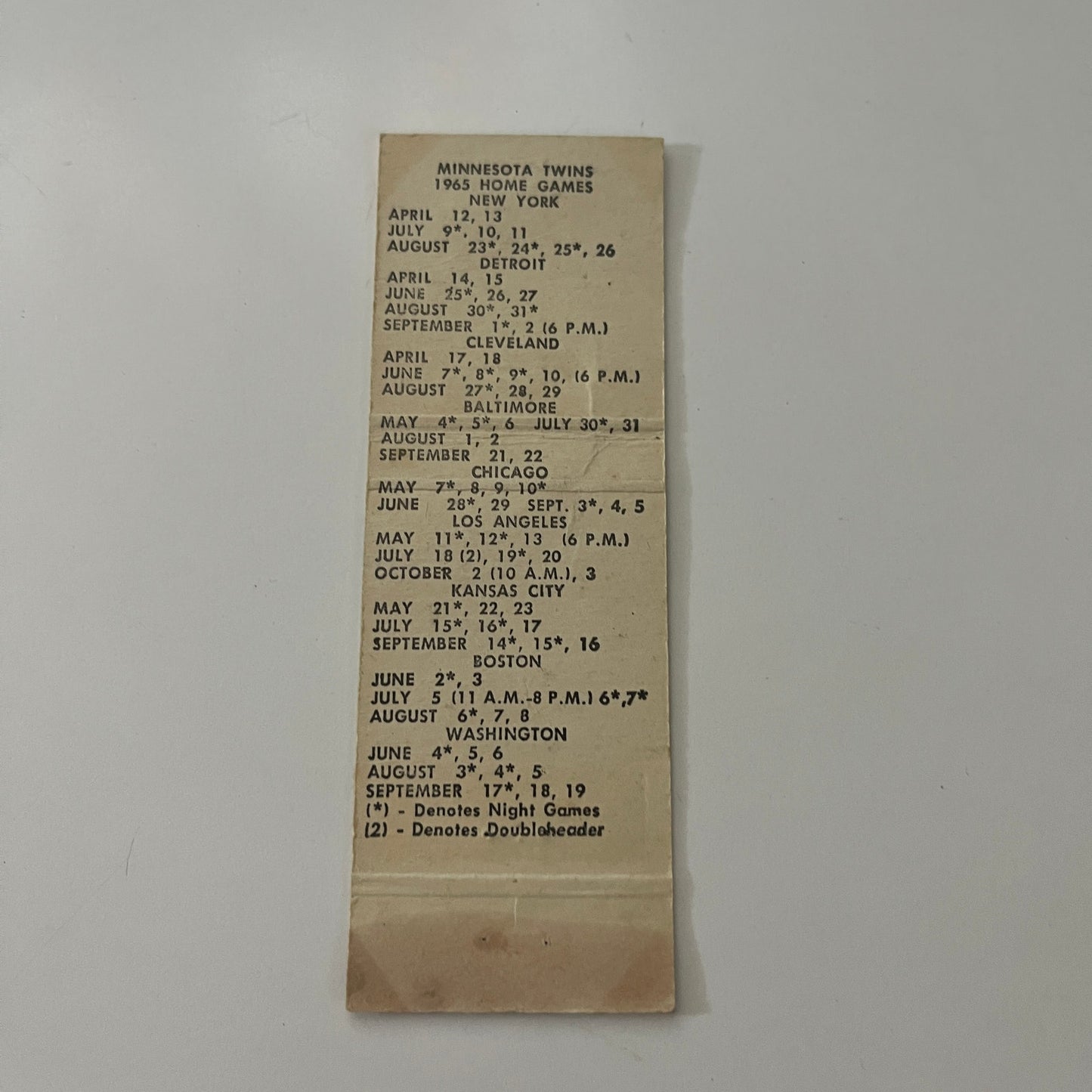 Minnesota Twins Baseball Schedule 1965 MN Vintage Matchbook Cover MB37-2