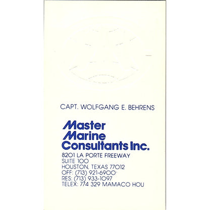 Capt Wolfgang E Behrens Master Marine Consultants Houston Business Card SD9-B6
