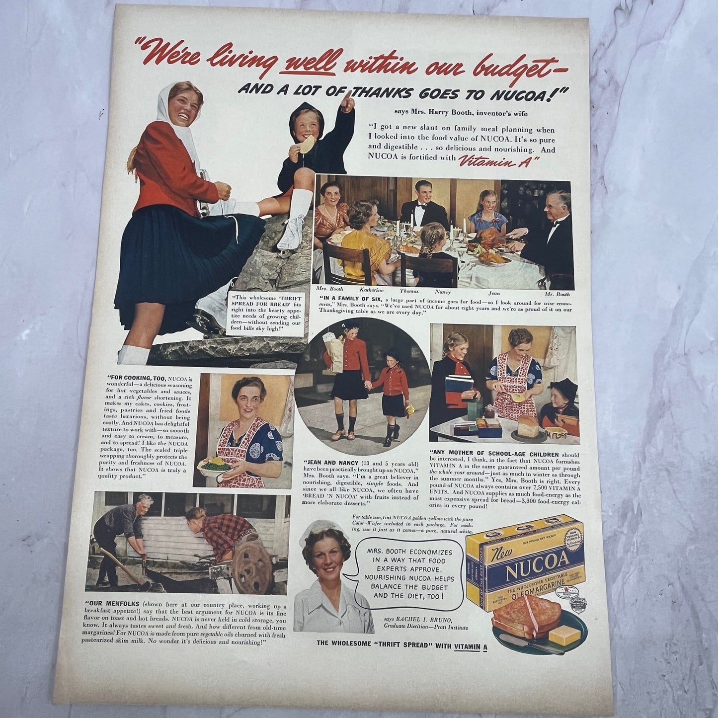 Nucoa Margarine Mrs Harry Booth, Rachel I. Bruno Dietitian 1940 Ad V14-8