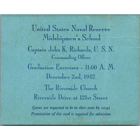 1942 WWII US Naval Reserve Midshipmen's School Graduation Invitation AI9-M26