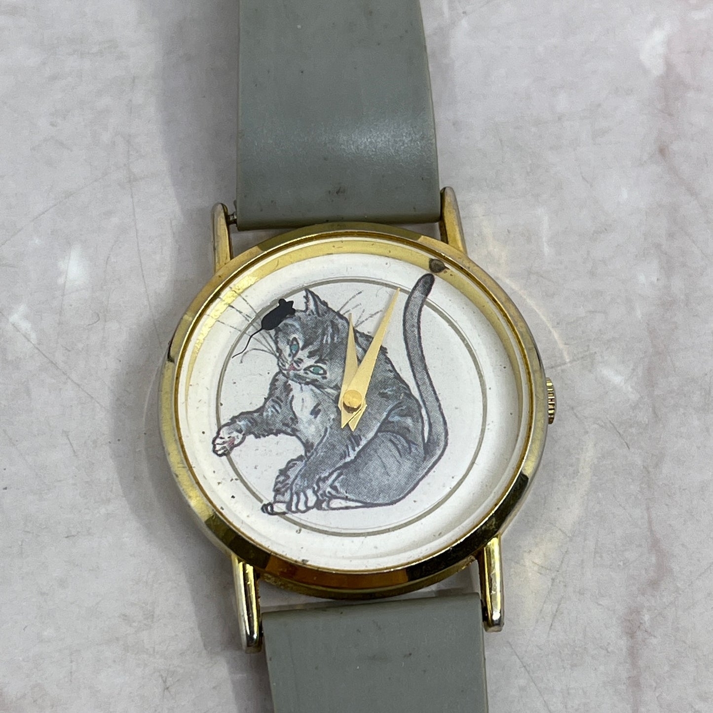 Vtg Cat Watch Rotating Mouse Meow Brand Gold-Tone Face Gray Band UNTESTED SF4