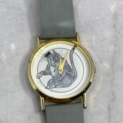 Vtg Cat Watch Rotating Mouse Meow Brand Gold-Tone Face Gray Band UNTESTED SF4