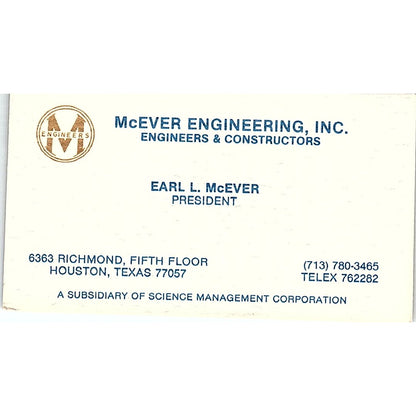 McEver Engineering Earl L. McEver Houston Texas Vintage Business Card SF3-B5