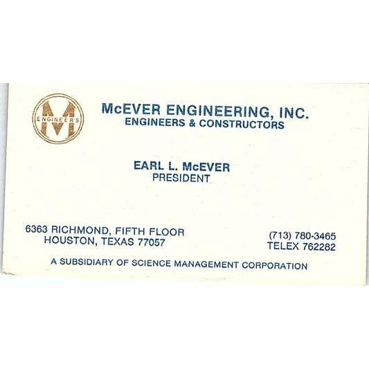 McEver Engineering Earl L. McEver Houston Texas Vintage Business Card SF3-B5