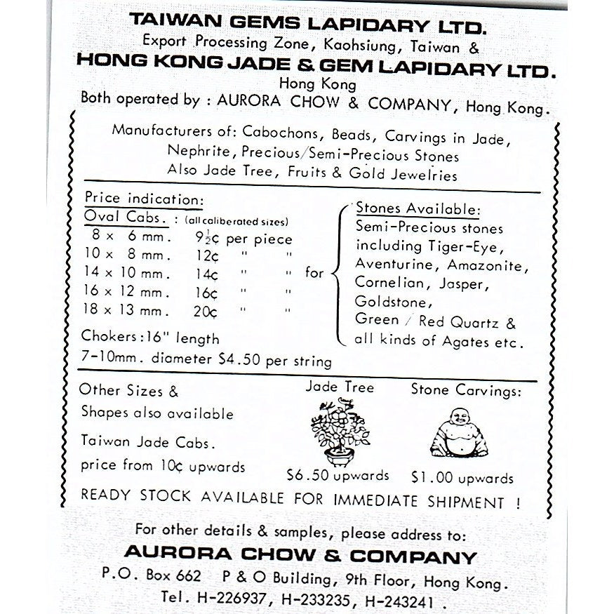 Aurora Chow & Co, Taiwan Gems Lapidary Ltd 1972 Ad AF8-M1