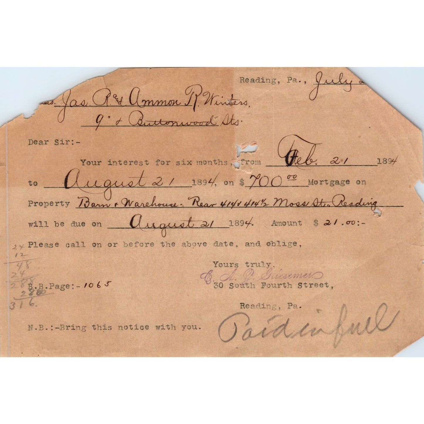 1894 Original Receipt Jas R & Ammon R Winters From C.A. Griesemer Reading PA AE7