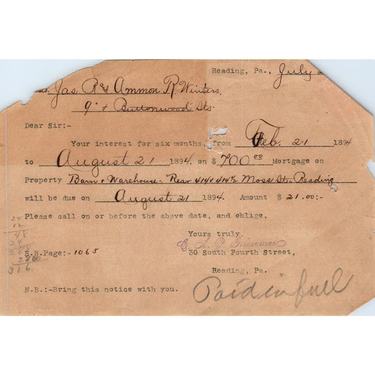 1894 Original Receipt Jas R & Ammon R Winters From C.A. Griesemer Reading PA AE7