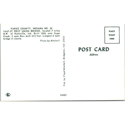 Parke County Indiana #26 West Union Covered Bridge Postcard PC5