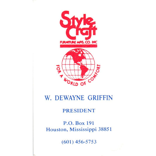Stylecraft Furniture W. Dewayne Griffin Houston Vintage Business Card SD8-B18