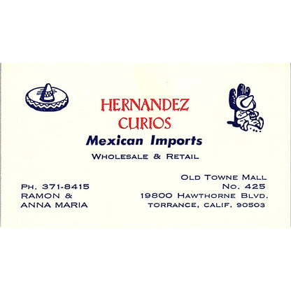 Hernandez Curios Imports Ramon & Anna Maria Torrance CA Business Card SF3-B4
