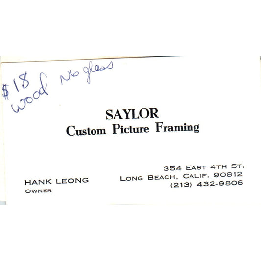 Saylor Custom Picture Framing Hank Leong Long Beach Vintage Business Card SD4-B2