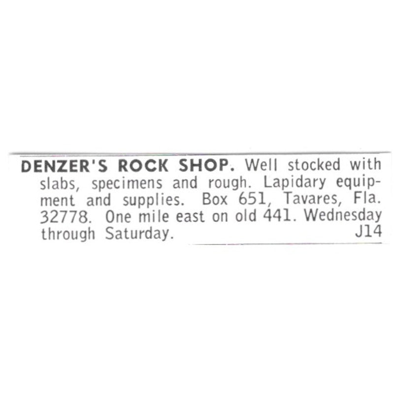Denzer's Rock Shop Lapidary Supply Tavares Florida 1972 Ad AF8-S14