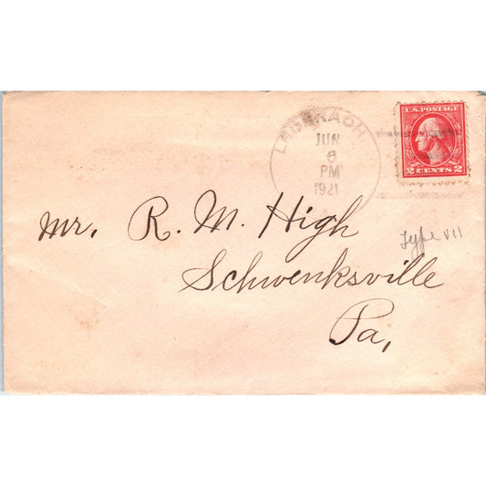 1921 R.M. High Schwenksville PA Postal Cover Envelope TG7-PC1