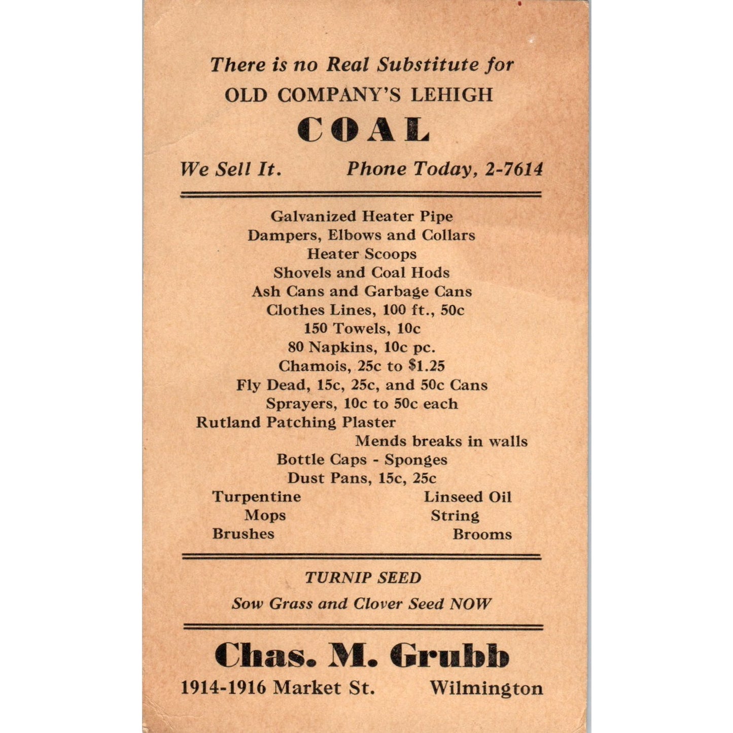 c1901 Old Company's Lehigh Coal Chas. M. Grubb Wilmington DE Postal Card PE4