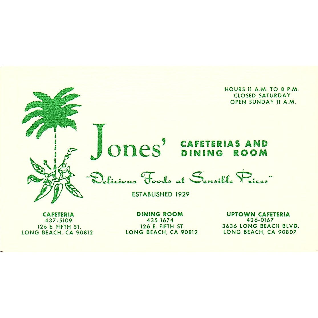Jones' Cafeteria & Dining Room Long Beach CA Vintage Business Card ML1-6