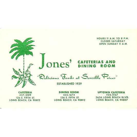 Jones' Cafeteria & Dining Room Long Beach CA Vintage Business Card ML1-6