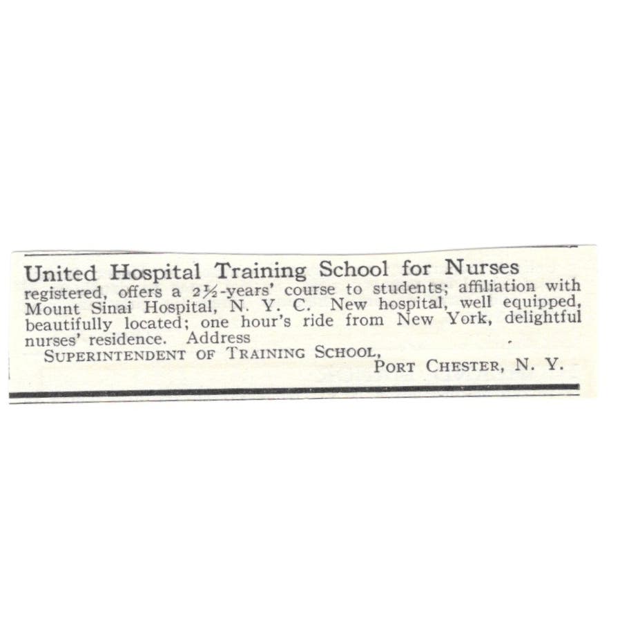 United Hospital Training School for Nurses Port Chester NY c1918 Ad AE5-SA7