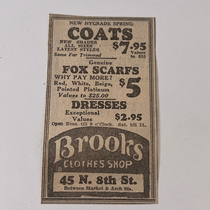 Brooks Clothes Shop Philadelphia PA 1931 Newspaper Ad SAG4-S13