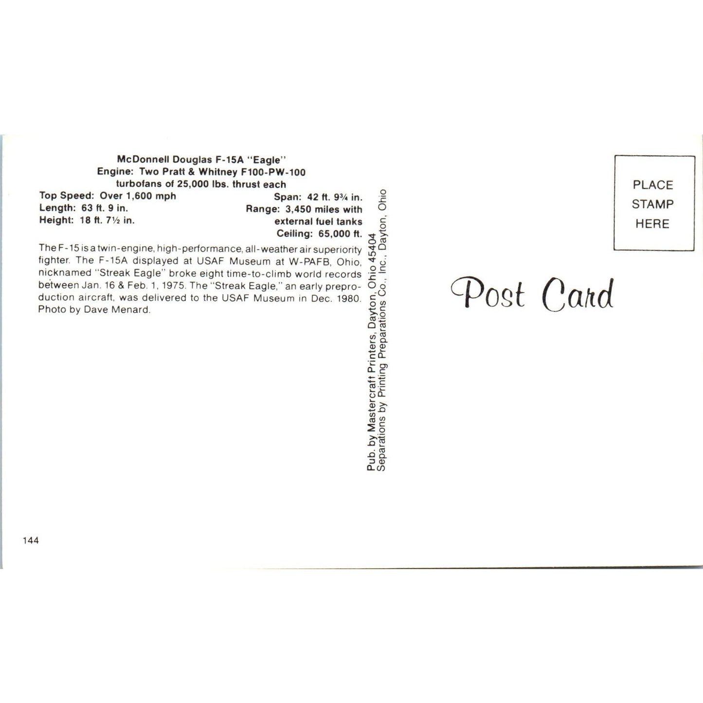McDonnell Douglas F-15A Eagle Vintage Postcard PC19