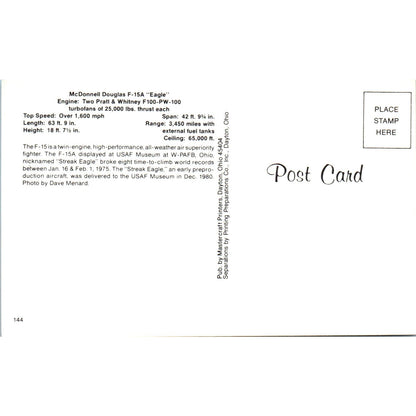 McDonnell Douglas F-15A Eagle Vintage Postcard PC19