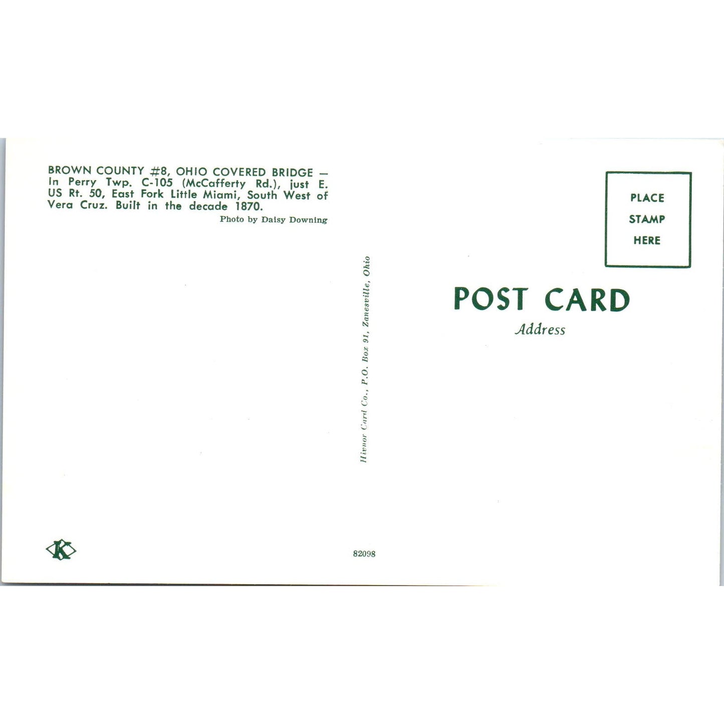 Brown County Ohio Perry Twp #8 Covered Bridge Postcard PB10