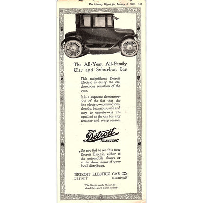 The Detroit Electric Car Co Michigan 5x11" 1920s Original Ad D24