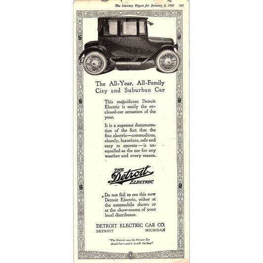 The Detroit Electric Car Co Michigan 5x11" 1920s Original Ad D24