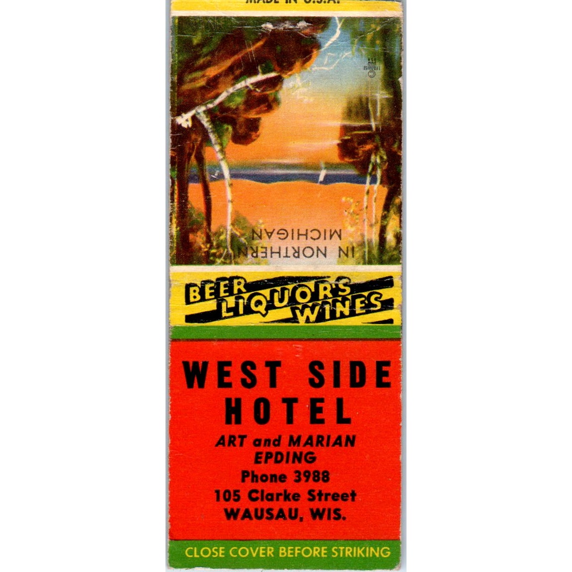 West Side Hotel Art & Marian Epding Wausau WI Vintage Matchbook Cover SD2-Y12