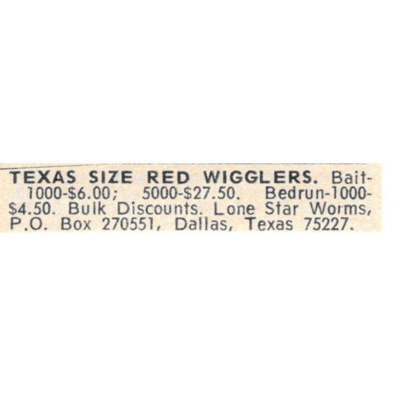 Lone Star Worms Red Wigglers Dallas TX 1977 Ad AF6-S8