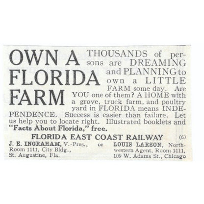 Florida Farms J.E. Ingraham St Augustine Louis Larson Chicago 1913 Ad AE7-N8