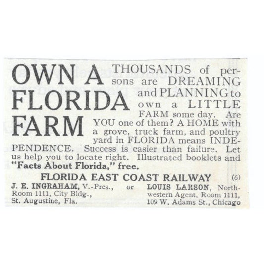 Florida Farms J.E. Ingraham St Augustine Louis Larson Chicago 1913 Ad AE7-N8