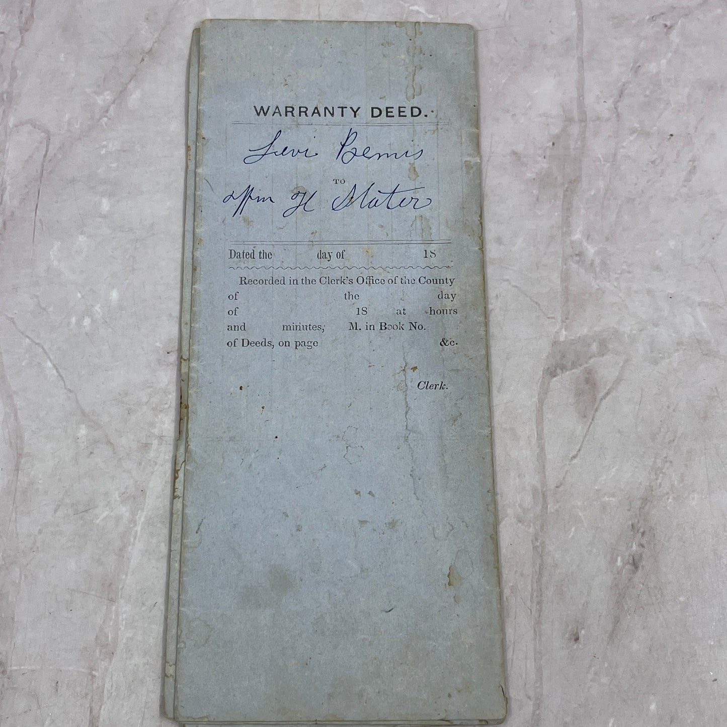 1854 Warranty Deed Levi Bemis Harford Cortland County New York TJ5-E2