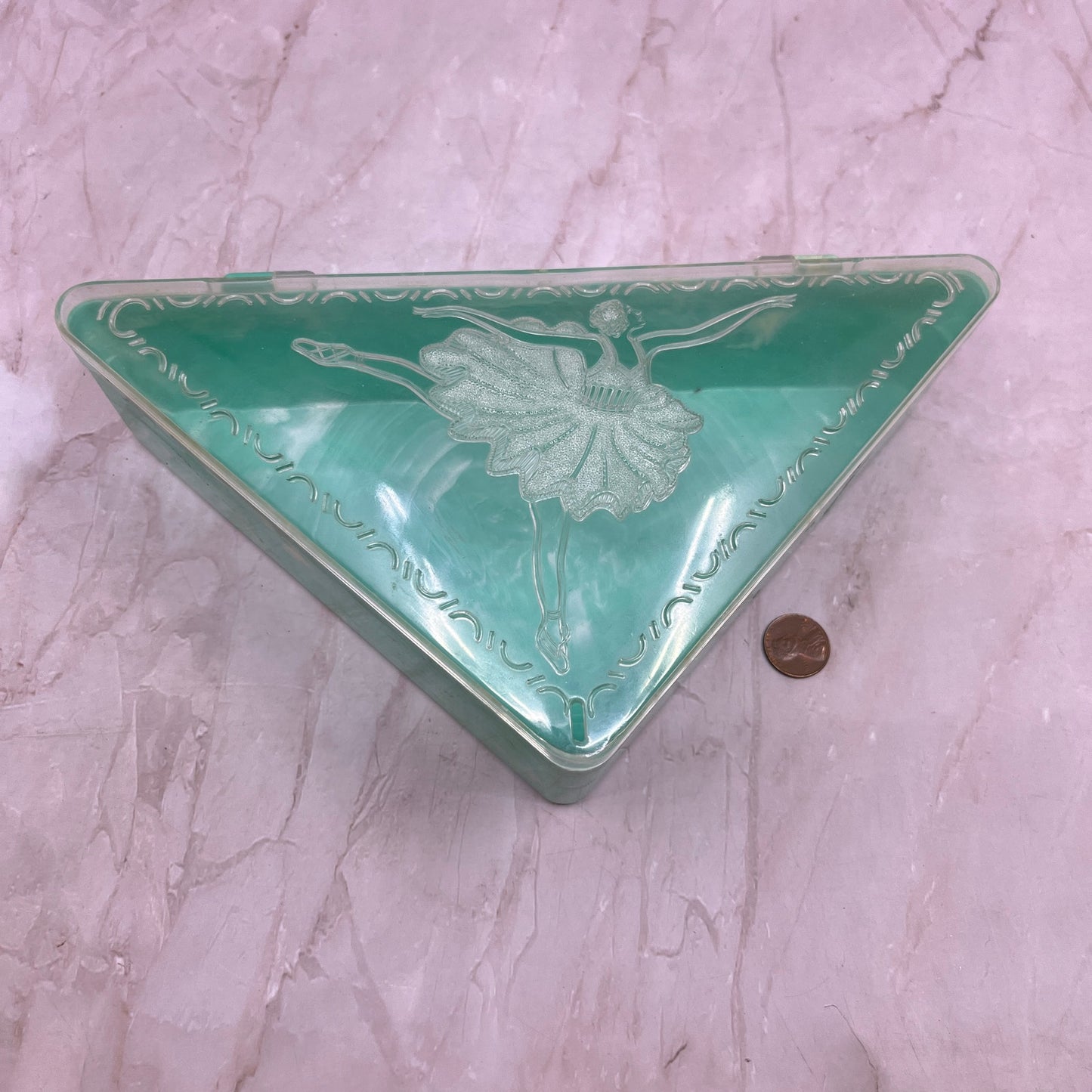 Vintage Hommer Triangular Plastic Hankie Vanity Box Ballerina Teal Celluloid TG8
