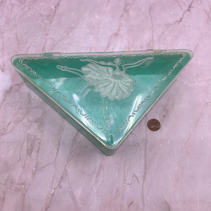 Vintage Hommer Triangular Plastic Hankie Vanity Box Ballerina Teal Celluloid TG8